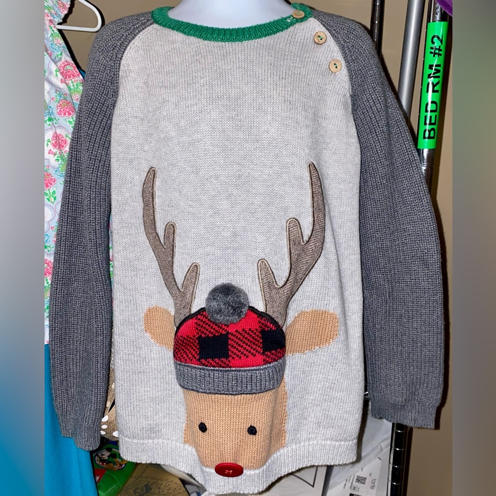 MUD PIE REINDEER PLAID FLANNEL APPLIQUÉ SWEATER GIRL/BOY 4T/5T GRAY CHRISTMAS